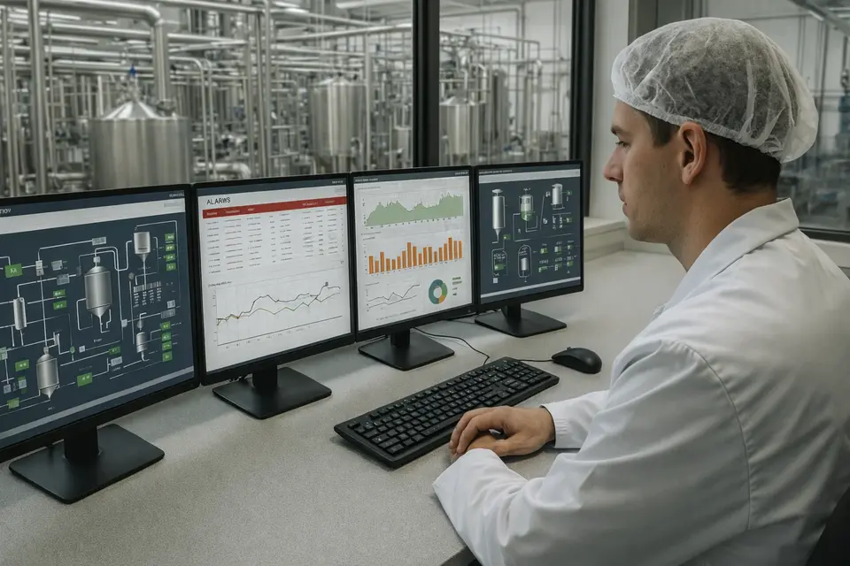 "Operario monitorizando SCADA y software industrial Hipalux en planta alimentaria"