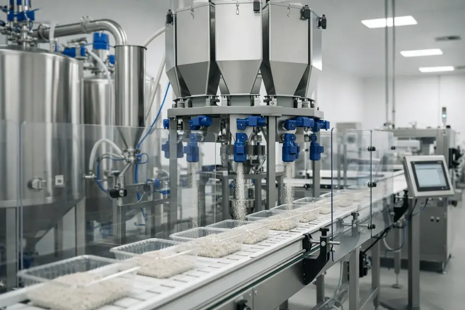 "Dosificadora multicabezal en línea de producción alimentaria"