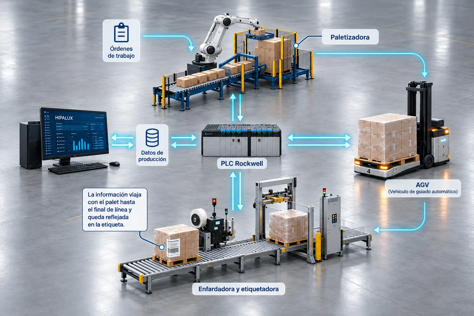Esquema de trazabilidad automática de palets entre paletizadora, PLC, AGV y sistema de etiquetado